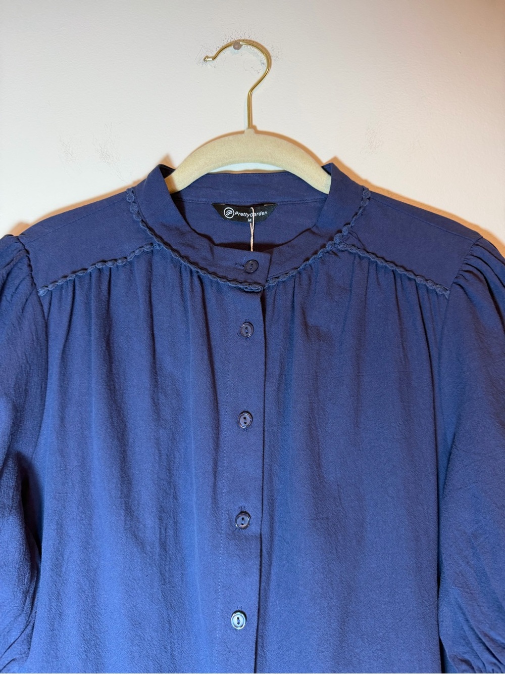 PRETTYGARDEN Blue Cotton Puff Sleeve Blouse Button Down Top Size Medium NWT - Picture 5 of 11